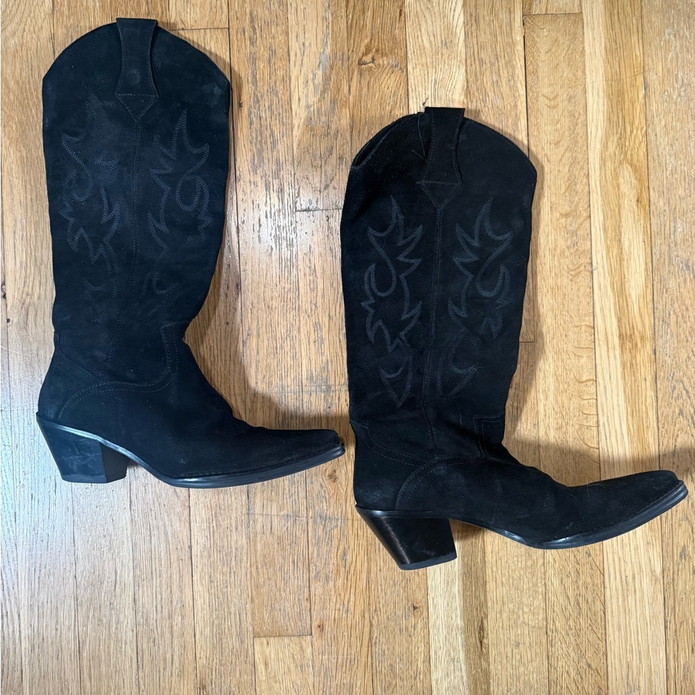 Vintage ZARA Black Suede Western Cowboy Boots 40 size - Picture 2 of 4